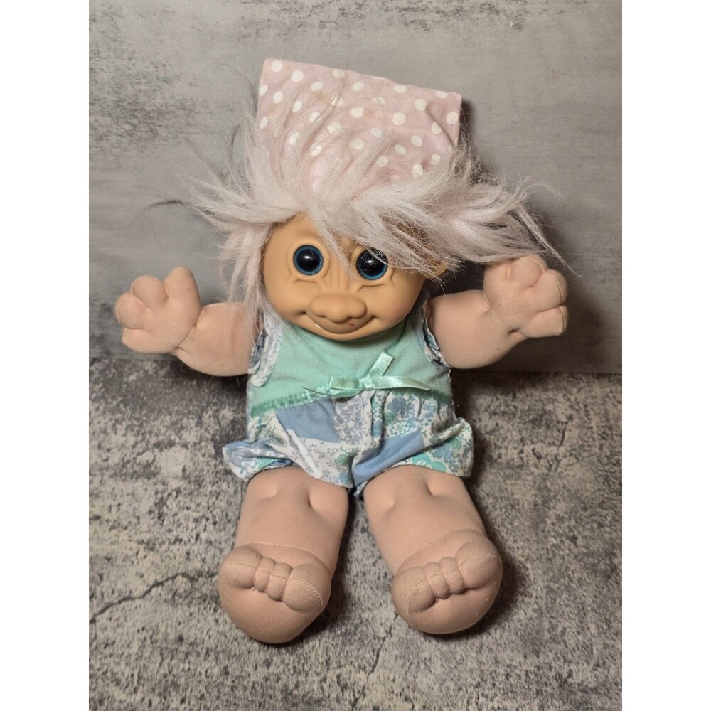 Vintage Russ Berrie Troll Kidz Sparky Doll Plush Blue Eyes Mint Hair Pajamas